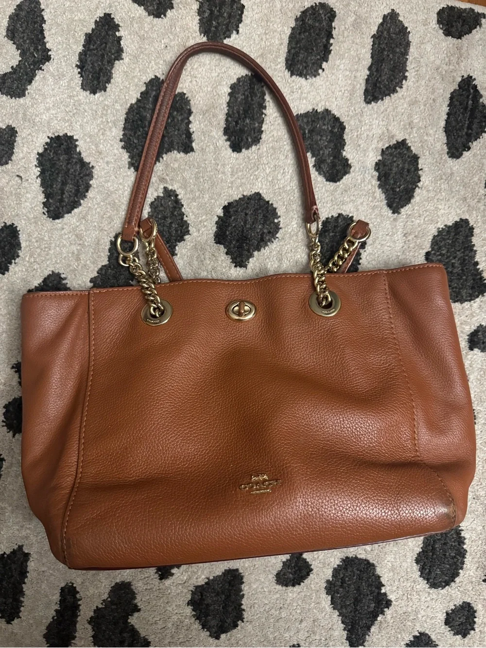Coach Chestnut Brown Pebbled Leather Shoulder Tote with Gold Hardware